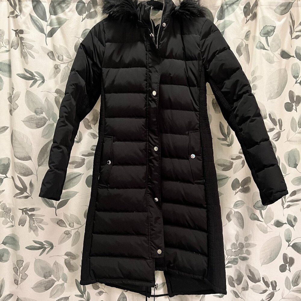Express Puffer Coat Long Hooded Winter Jacket Hood Fur Trimmed Black Medium